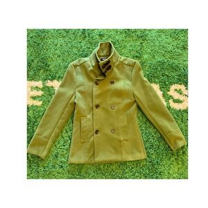 ZyFG free Pea Coat Mens XL Green Excellent Double Breasted Buckle Collar Cotton